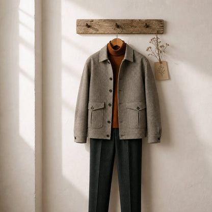 A beige and brown houndstooth patterned jacket hanging on a wooden hanger against a textured off-white wall, styled with a rust-orange turtleneck sweater and dark charcoal trousers.