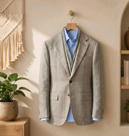 A beige linen-textured blazer jacket styled over a light blue dress shirt and matching vest, hanging on a wooden hanger on a beige wall in a styled room with a macrame wall hanging, potted plants, and a wooden shelf.