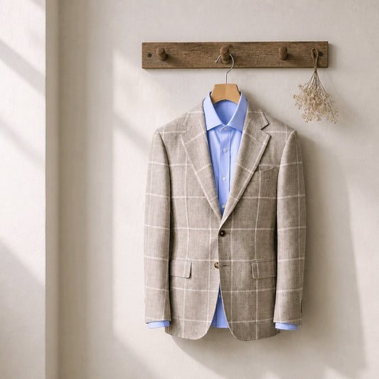 A beige windowpane plaid blazer jacket styled over a light blue dress shirt, hanging on a wooden hanger from a rustic wooden wall hook.