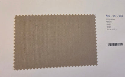 A beige woven fabric swatch with serrated edges on a white background, showing product details printed on the right side.