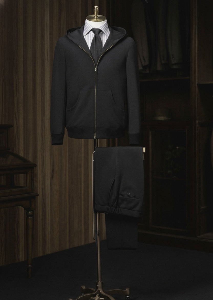 A black casual hooded zip jacket displayed on a mannequin with trousers, showcasing a slim fit and front zip detail.
