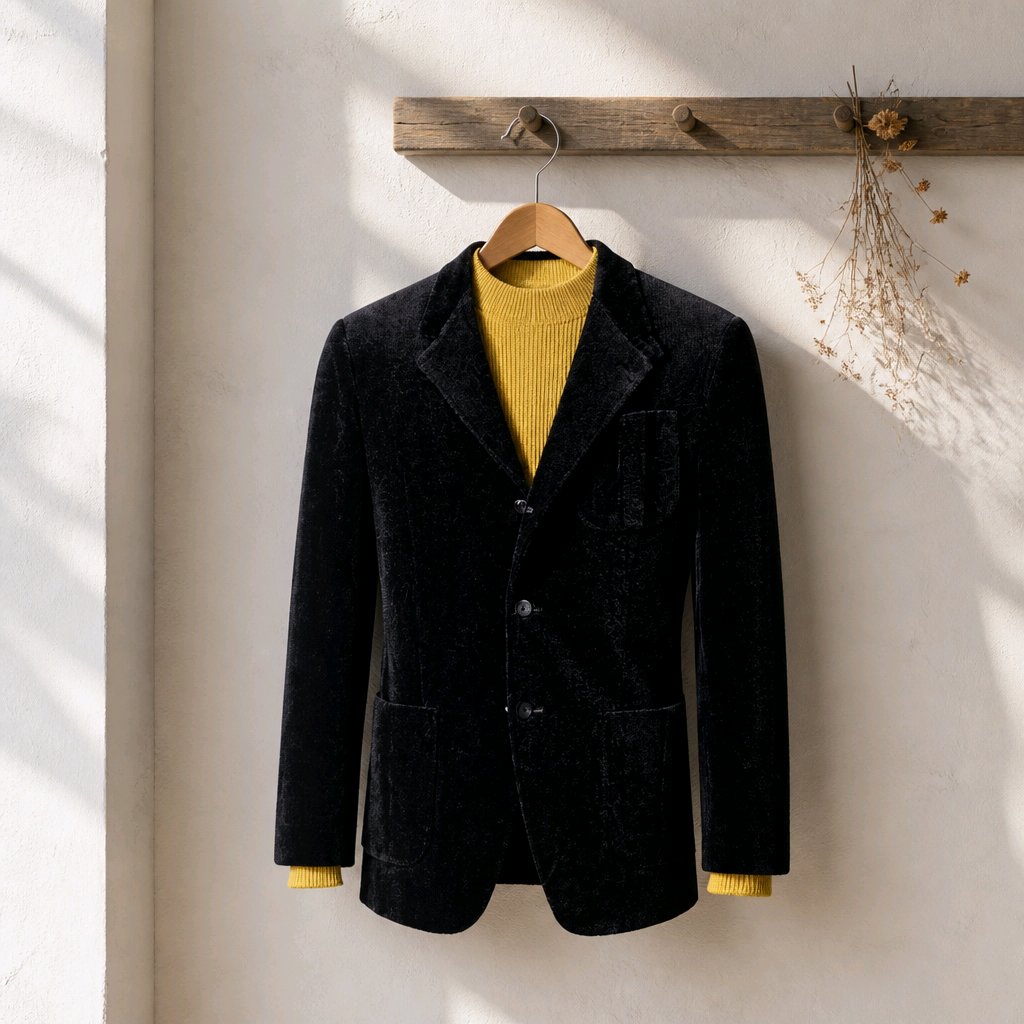 A black corduroy blazer jacket with a yellow ribbed knit turtleneck sweater underneath, hanging on a wooden hanger from a rustic wooden peg on a textured off-white wall.