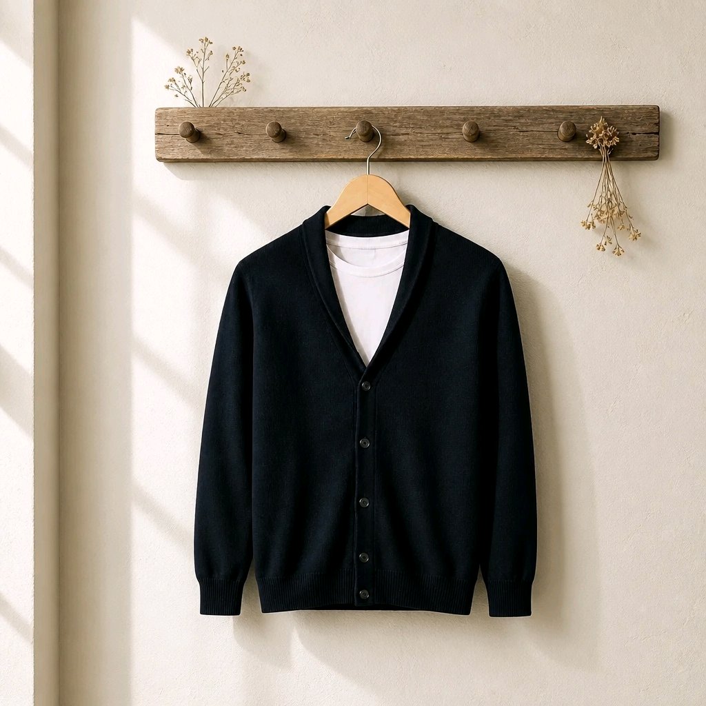 A black knit cardigan sweater with a V-neck and button front, hanging on a wooden hanger on a rustic wooden wall rack against a warm off-white wall.