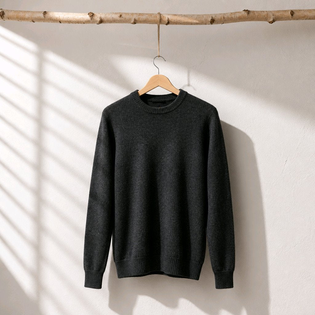 A black  knit crewneck sweater hanging on a wooden hanger from a rustic branch, set against a white wall with soft diagonal shadow patterns.
