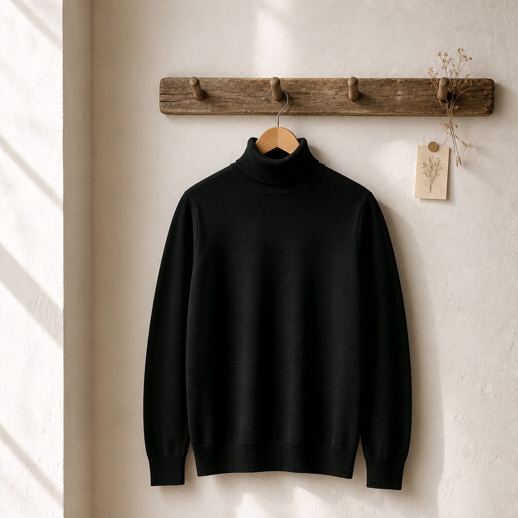 A black knit turtleneck sweater hangs on a wooden hanger from a rustic wooden wall hook rack against a textured off-white wall.