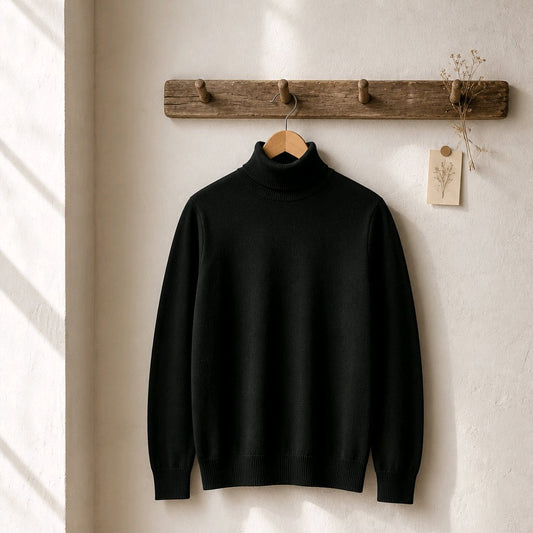 A black knit turtleneck sweater hangs on a wooden hanger from a rustic wooden wall hook rack against a textured off-white wall.