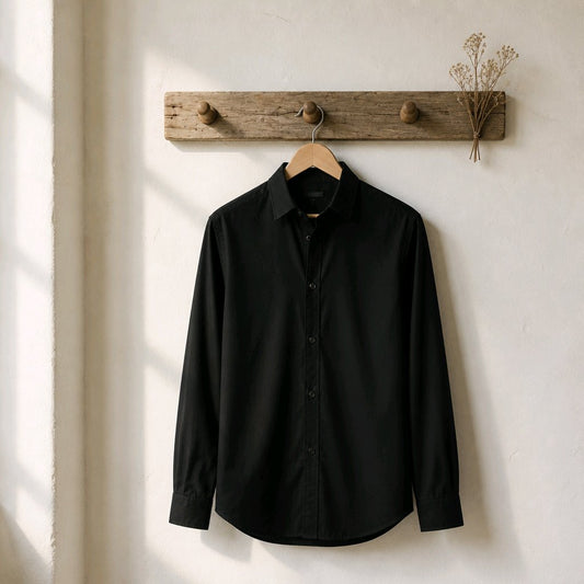 A black long-sleeve button-up shirt hanging on a wooden hanger from a rustic wooden wall hook, set against a textured off-white wall with soft window light shadows.