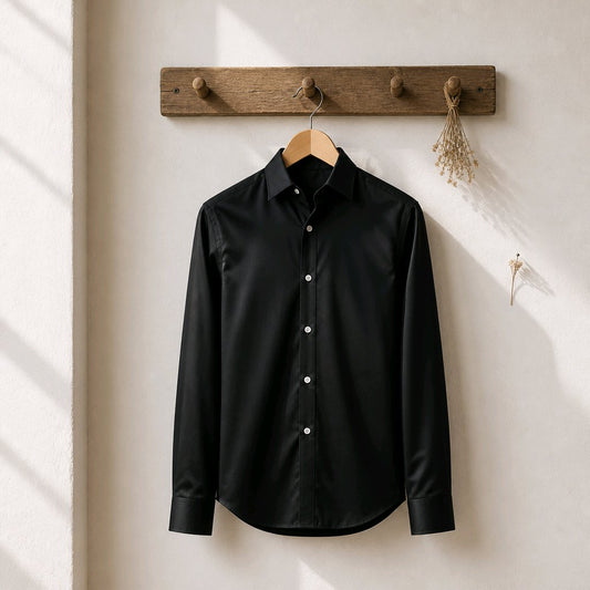 A black long-sleeve button-up shirt hangs on a wooden hanger from a rustic wooden wall hook rack against a warm off-white wall.