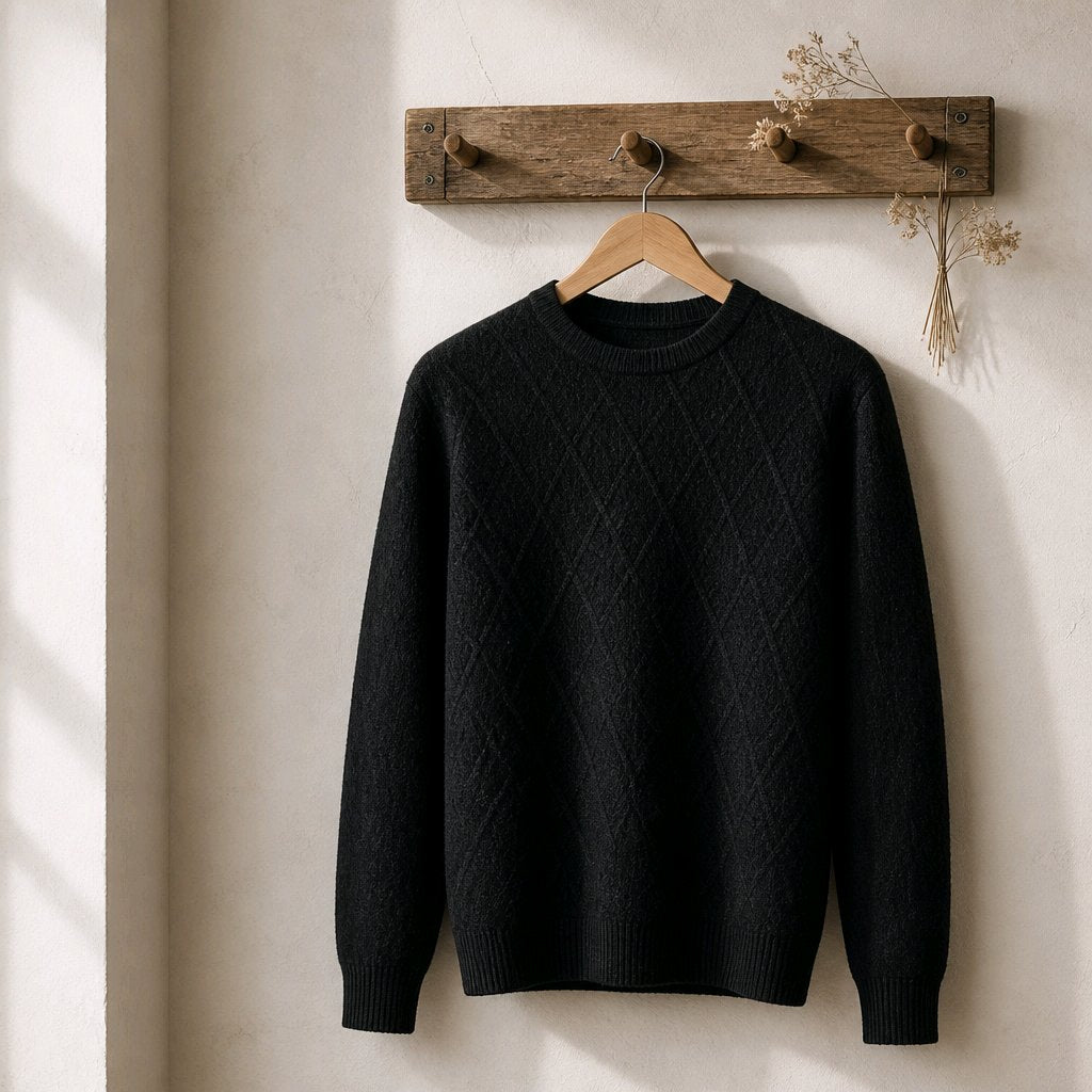 A black long-sleeve knit sweater with a diamond argyle pattern, hanging on a wooden hanger from a rustic wooden wall hook against a textured off-white wall.