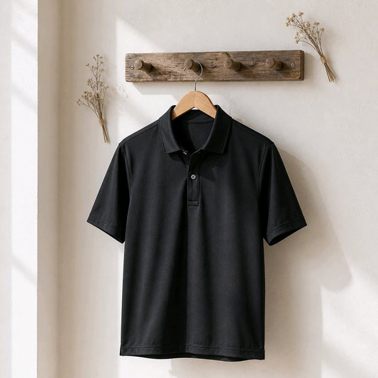 A black short-sleeve polo shirt hanging on a wooden hanger from a rustic wooden wall rack, with dried floral arrangements on either side against a warm off-white wall.