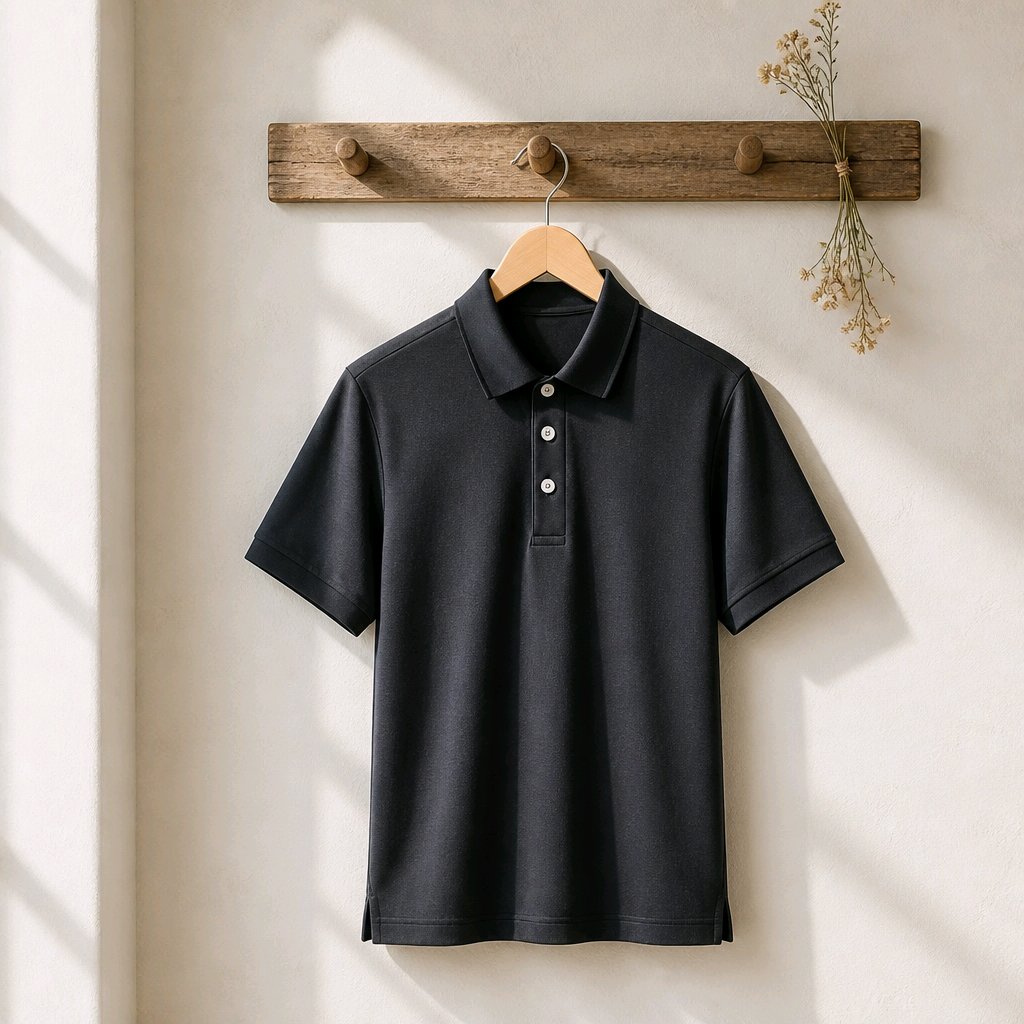 A black short-sleeve polo shirt hanging on a wooden hanger from a rustic wooden wall rack, with soft sunlight casting shadows on the cream-colored wall.