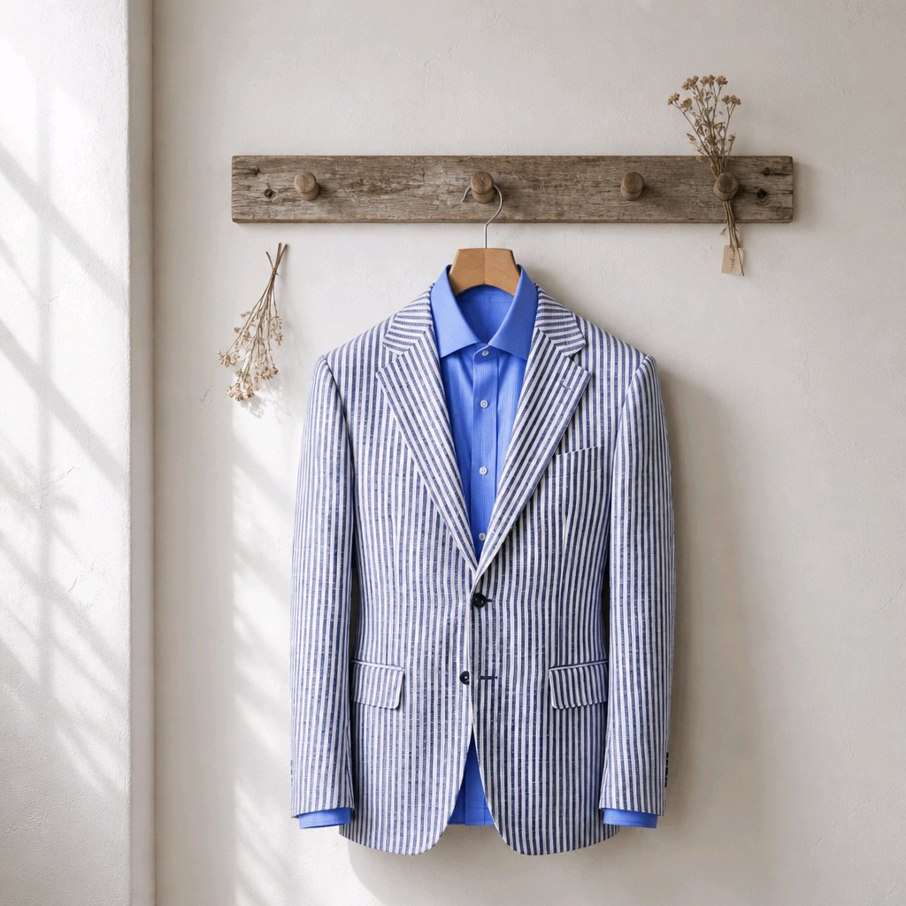 A blue and white vertically striped blazer jacket hanging on a wooden hanger against a textured off-white wall, layered over a bright blue collared shirt. A rustic wooden peg rail and dried floral decorations hang above.