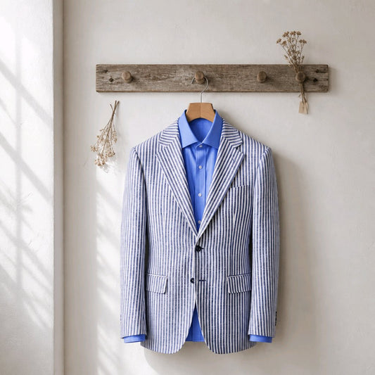 A blue and white vertically striped blazer jacket hanging on a wooden hanger against a textured off-white wall, layered over a bright blue collared shirt. A rustic wooden peg rail and dried floral decorations hang above.