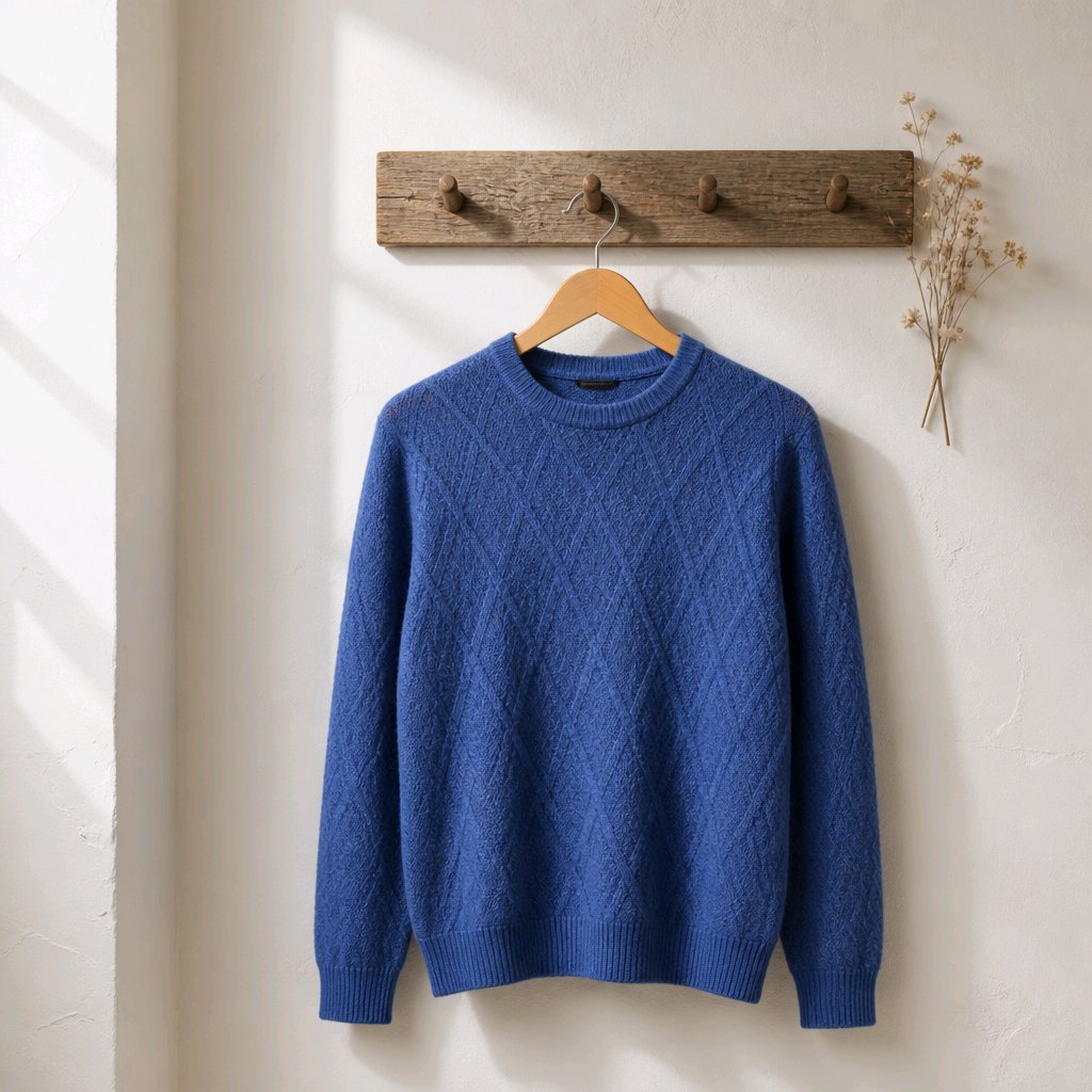 A blue cable-knit crewneck sweater hanging on a wooden hanger from a rustic wooden wall hook, set against a warm off-white wall with soft sunlight and dried flowers.