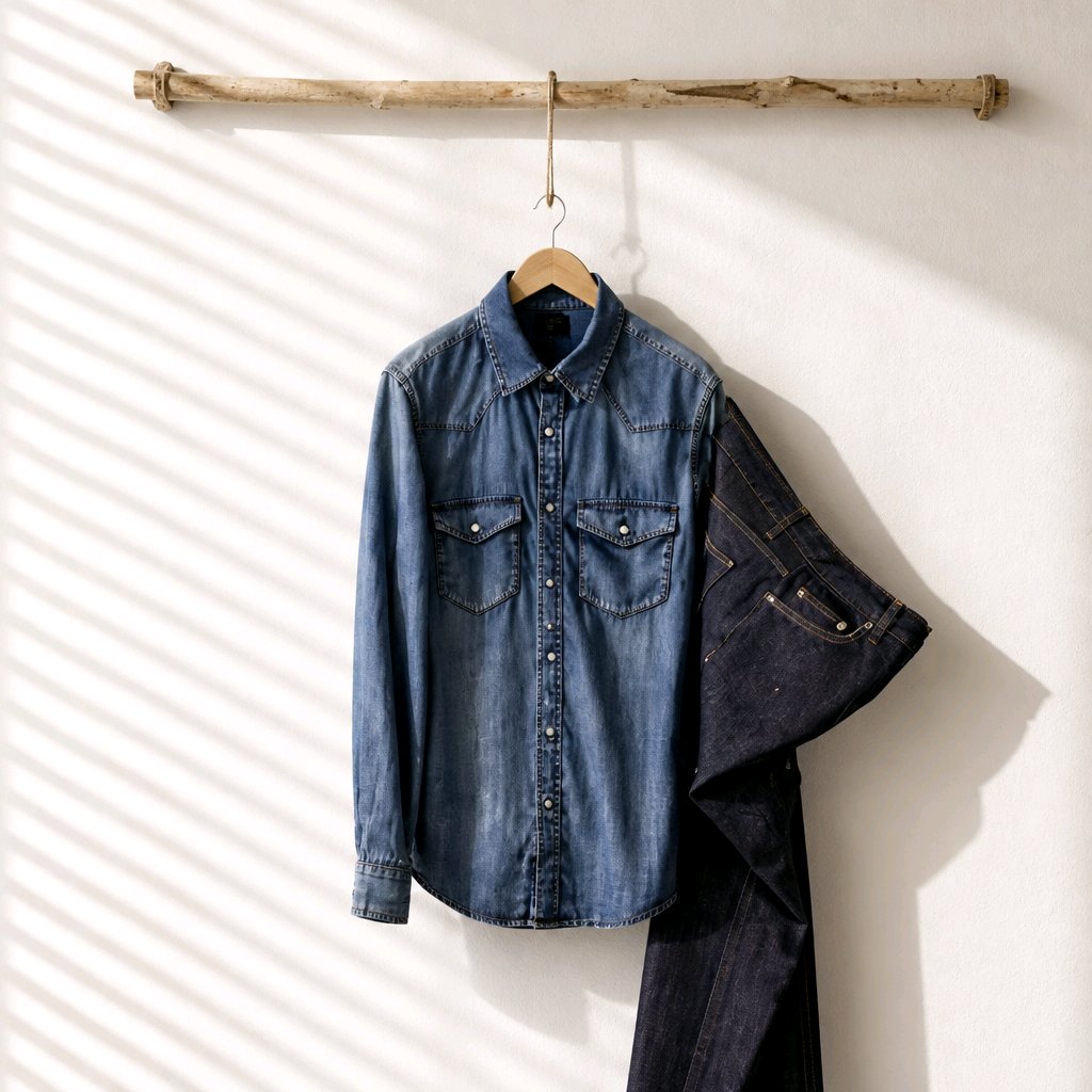 A blue denim button-up shirt hangs on a wooden hanger from a rustic horizontal branch rack, with a pair of dark denim jeans draped over the side against a white wall with diagonal shadow stripes.