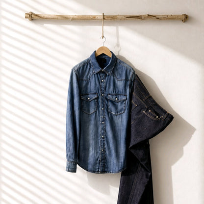 A blue denim button-up shirt hangs on a wooden hanger from a rustic horizontal branch rack, with a pair of dark denim jeans draped over the side against a white wall with diagonal shadow stripes.