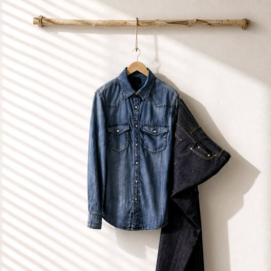 A blue denim button-up shirt hangs on a wooden hanger from a rustic horizontal branch rack, with a pair of dark denim jeans draped over the side against a white wall with diagonal shadow stripes.