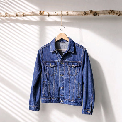 A blue denim jacket hanging on a wooden hanger from a birch branch, set against a white wall with soft diagonal shadow patterns.