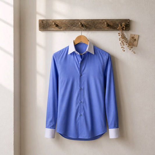 A blue long-sleeve button-up dress shirt with white cuffs and a white inner collar, hanging on a wooden hanger from a rustic wooden wall hook against a warm off-white wall.