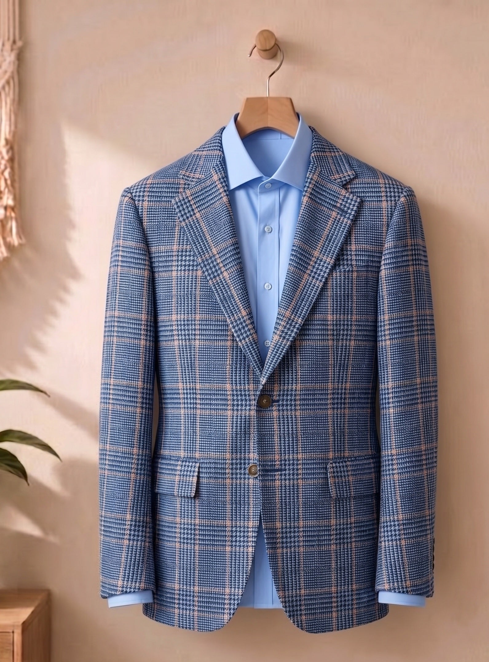 A blue plaid blazer jacket with a light blue dress shirt, hanging on a wooden hanger against a warm beige wall.