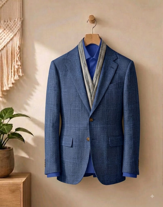 A blue textured blazer jacket hanging on a wooden hanger against a warm beige wall, styled with a gray knit sweater draped over the shoulders, a blue shirt underneath, and a small potted plant on a wooden side table nearby.
