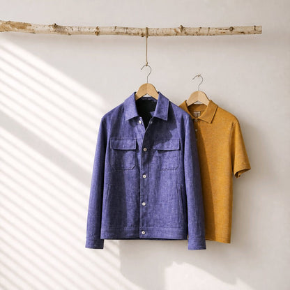 A blue textured button-up overshirt and a mustard yellow short-sleeve polo shirt hanging on wooden hangers from a birch branch against a white wall with diagonal shadow patterns.