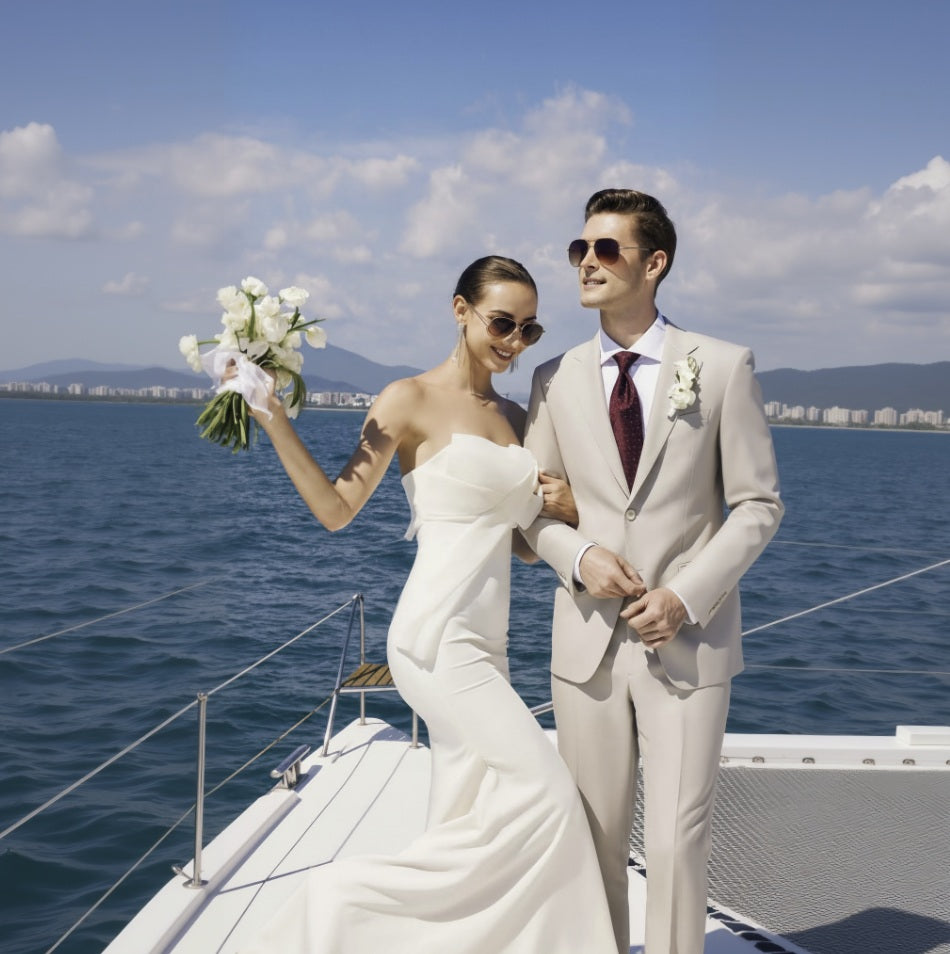 Wedding couple on a boat with a scenic background