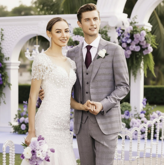A bride in a white floral gown and a groom in a grey three-piece Italian suit with merino wool details, standing together at a wedding.