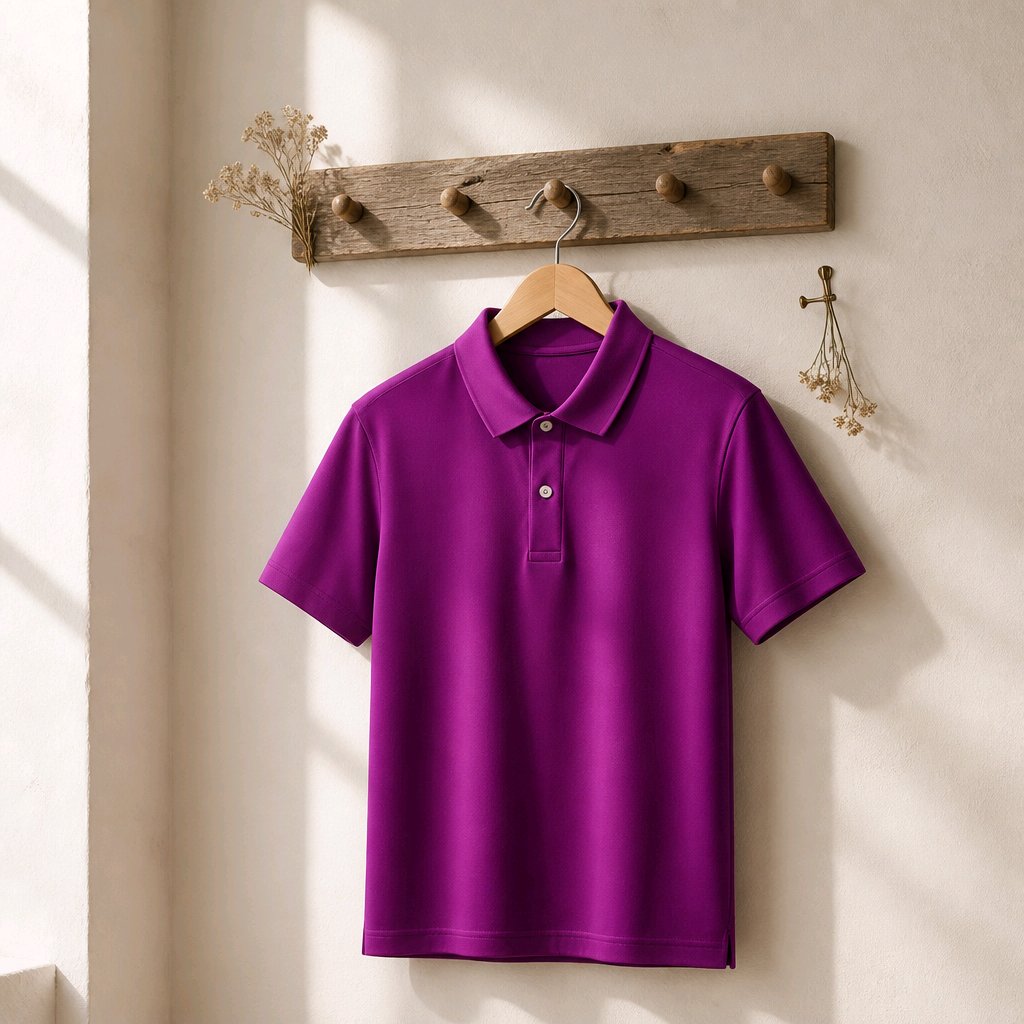 A bright purple short-sleeve polo shirt hanging on a wooden hanger from a rustic wooden wall hook rack, set against a warm beige wall with soft sunlight and shadows.