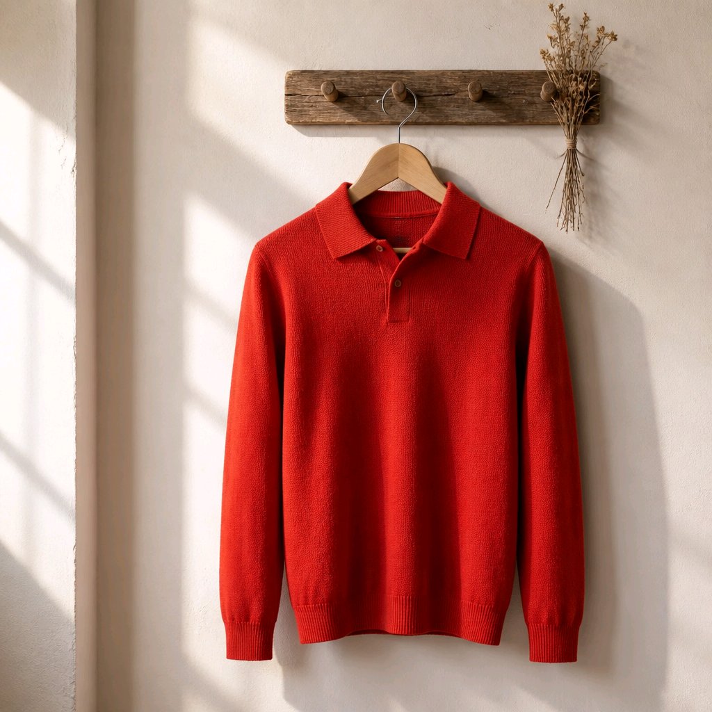 A bright red knit polo sweater hangs on a wooden hanger from a rustic wooden wall hook, with soft sunlight casting shadows on the left against a light beige wall.