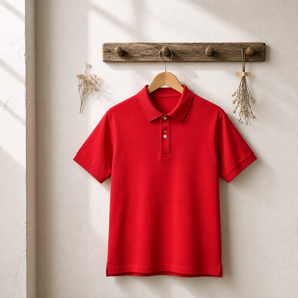 A bright red short-sleeve polo shirt hanging on a wooden hanger from a rustic wooden wall rack, with dried floral decorations on either side, against a textured off-white wall.