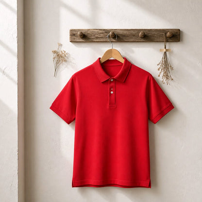 A bright red short-sleeve polo shirt hanging on a wooden hanger from a rustic wooden wall rack, with dried floral decorations on either side, against a textured off-white wall.