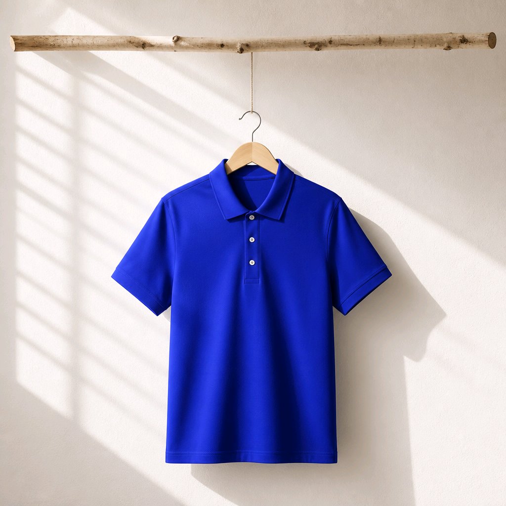 A bright royal blue short-sleeve polo shirt hanging on a wooden hanger from a rustic horizontal log, set against a warm off-white wall with soft diagonal window shadow patterns.