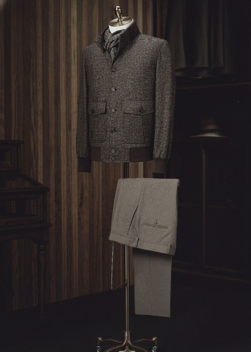 A brown check casual jacket and brown trousers displayed on a mannequin against a background of a wood-paneled room with dark brown furniture.