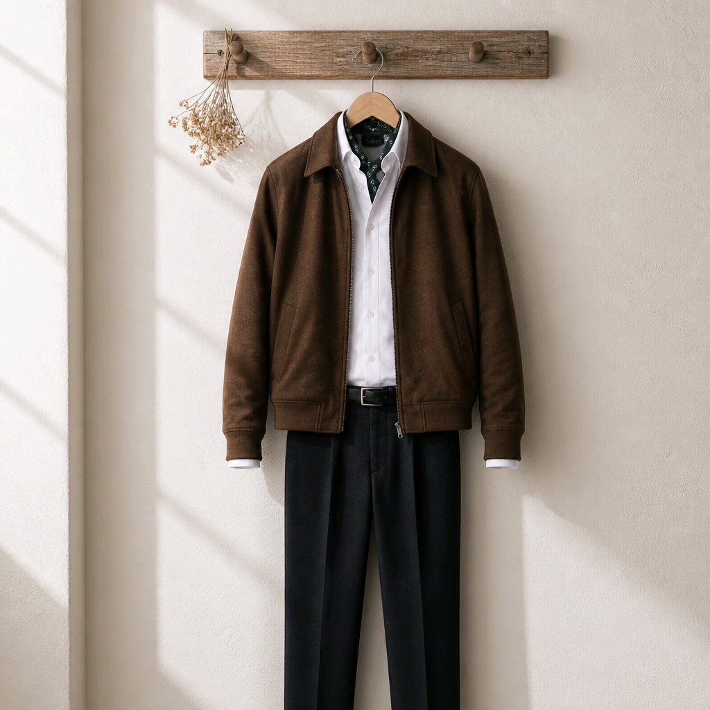 A brown suede jacket styled on a wooden hanger over a white dress shirt, patterned tie, and dark trousers, hanging from a rustic wooden peg on a textured cream wall.