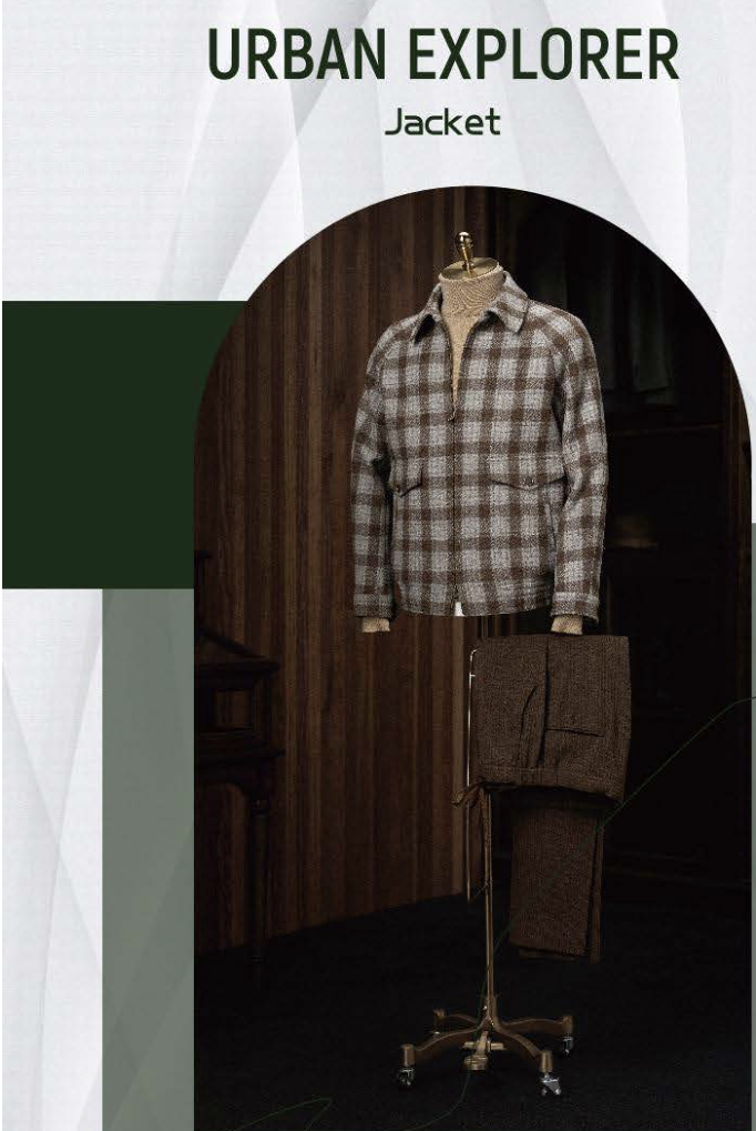 A brown tweed jacket and brown trousers with a check pattern, displayed on a mannequin. The jacket features a collar, patch pockets, and a single button zip fastening.