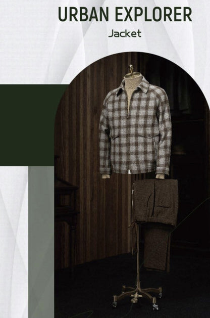 Plaid jacket on a mannequin with a dark background, labeled 'Urban Explorer Jacket'.