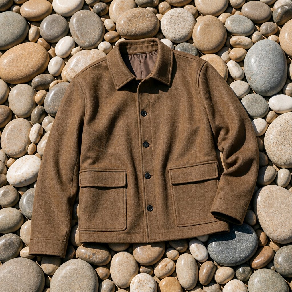 A brown wool-blend utility jacket with a pointed collar, button-front closure, and two large flap pockets, laid flat on a bed of smooth river stones.