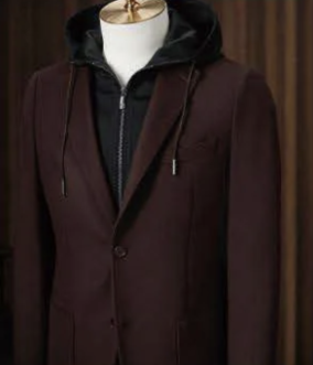 Mannequin wearing a dark brown coat with a hood against a plain background