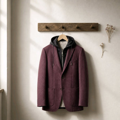 A burgundy hooded blazer jacket with a black zippered inner layer and drawstrings, hanging on a wooden hanger from a rustic wooden wall hook. The jacket is styled against a warm, sunlit off-white wall with dried floral decorations on the right.