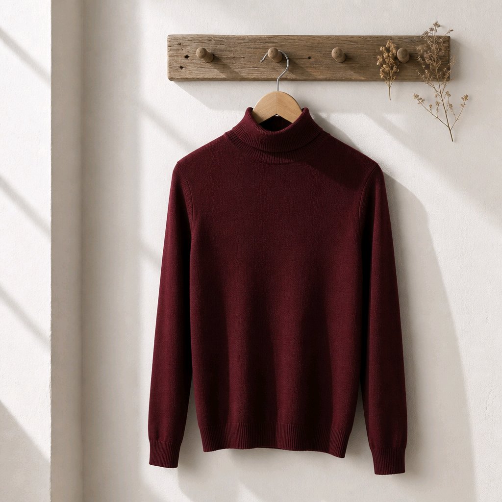 A burgundy knit turtleneck sweater hanging on a wooden hanger from a rustic wooden wall hook rack against a warm off-white wall.