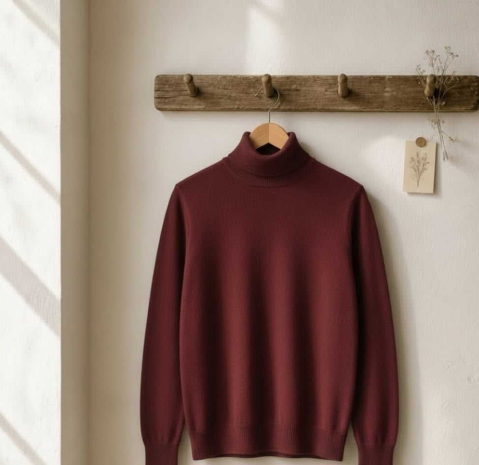 A burgundy ribbed turtleneck sweater hanging on a wooden hanger from a rustic wooden peg rack on a warm off-white wall.