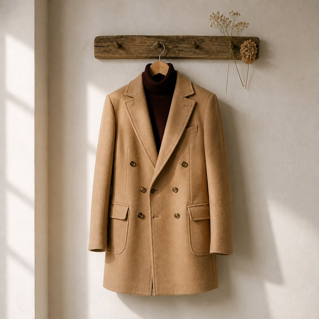 A camel-colored double-breasted wool coat hanging on a wooden hanger from a rustic wooden wall rack, styled with a dark brown turtleneck underneath and dried flowers on the rack.