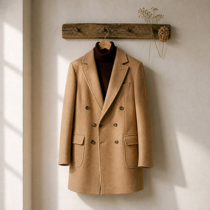 A camel-colored double-breasted wool coat hanging on a wooden hanger from a rustic wooden wall rack, styled with a dark brown turtleneck underneath and dried flowers on the rack.