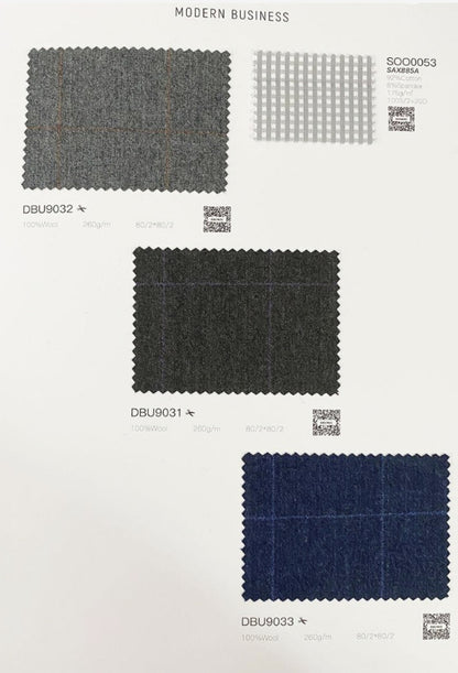 A carpet sample card showing three rectangular woven samples with scalloped edges on a white background. The top sample is gray with a subtle grid pattern, labeled DBU9032; the middle sample is very dark charcoal/black, labeled DBU9031; the bottom sample is deep navy blue, labeled DBU9033.