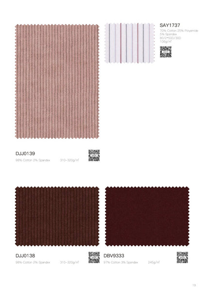 A catalog page showing fabric color swatches with printed codes and small QR codes. The page includes a large dusty pink swatch labeled DJ0139, a small striped swatch labeled SAY1737, a dark burgundy swatch labeled DJ0138, and a very dark red swatch labeled DBV9333.