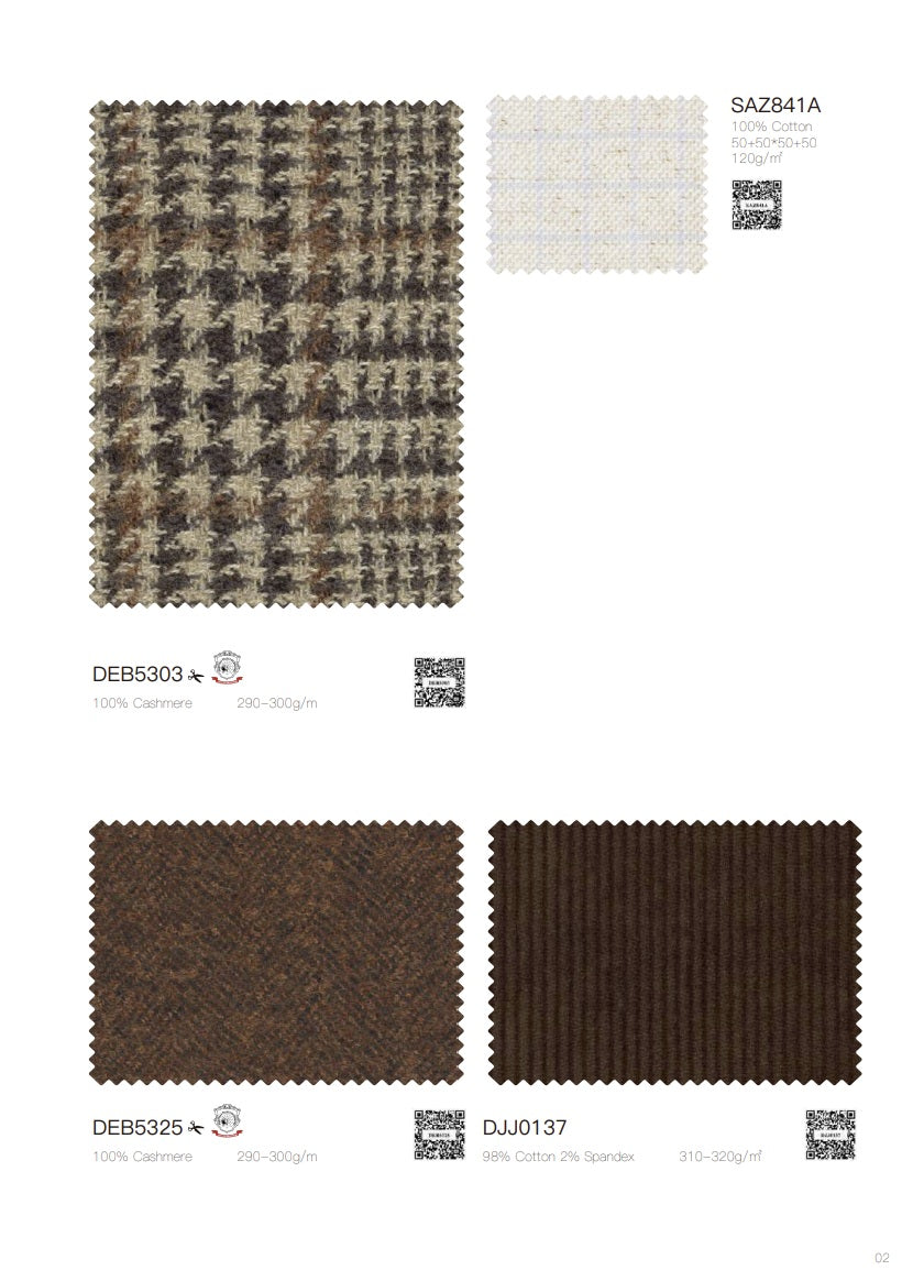 A catalog page showing fabric swatches with labels and QR codes. The page includes a large houndstooth-style textile swatch in beige, brown, and gray tones, a small white textured swatch labeled SAZB41A, a dark brown textured swatch labeled DEBS325, and a dark brown ribbed swatch labeled DJJ0137.