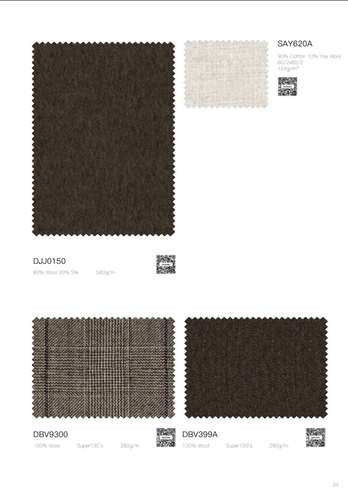A catalog page showing four fabric or carpet swatches with labels and QR codes. The largest swatch is dark brown with a textured, looped pile, labeled DJJ0150.