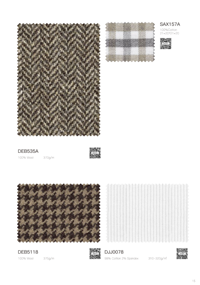 A catalog page showing four fabric swatches: a large herringbone wool sample labeled DEB535A, a small plaid fabric sample labeled SAX157A, a large houndstooth wool sample labeled DEB5118, and a white ribbed fabric sample labeled DJU0078, each with a QR code and text indicating material and weight.