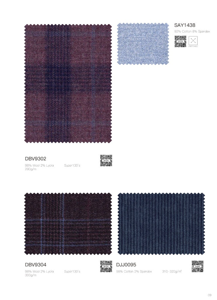 A catalog page showing four fabric swatches: a large maroon and navy plaid sample labeled SAY1438, a small light blue plaid sample, a dark purple and brown plaid sample labeled DBV9302, and a dark navy ribbed sample labeled DJJ0095.